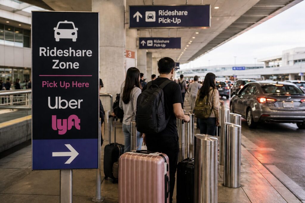 จุดรับ Rideshare Uber และ Lyft ในสนามบินอเมริกา วิธีเดินทางเข้าเมืองที่สะดวกที่สุด