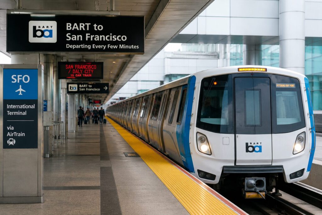 รถไฟ BART ที่สนามบิน SFO ซานฟรานซิสโก เดินทางเข้าเมืองได้ง่ายและราคาถูก