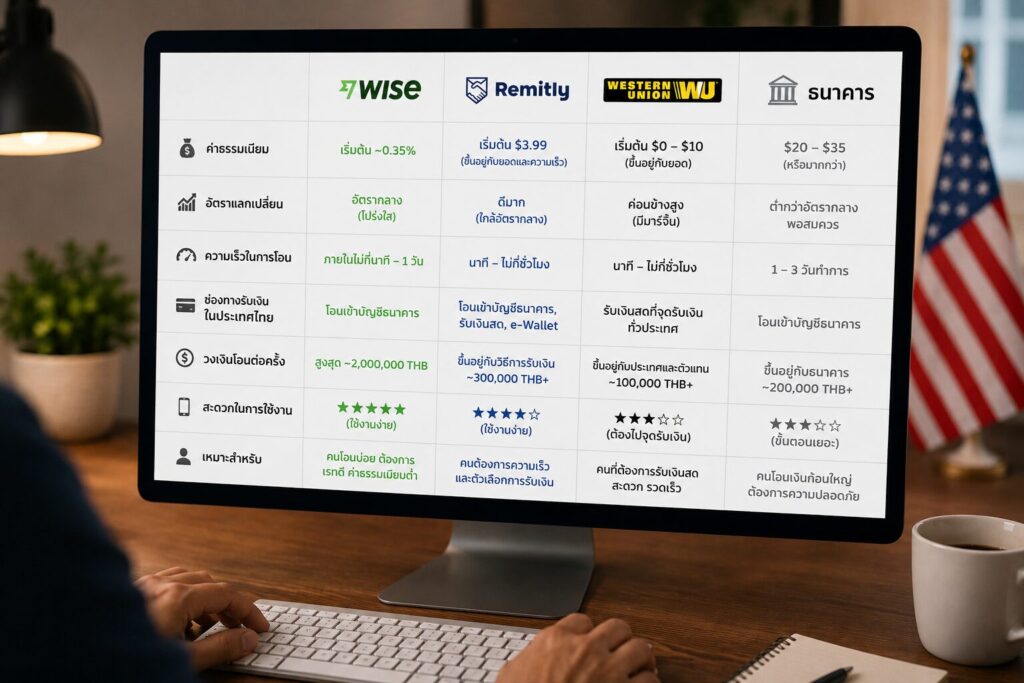 เปรียบเทียบวิธีโอนเงินจากอเมริกากลับไทย Wise Remitly Western Union และธนาคาร