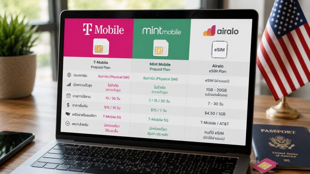 เปรียบเทียบซิมการ์ดอเมริกา 2026 T-Mobile Mint Mobile และ Airalo eSIM สำหรับคนไทย